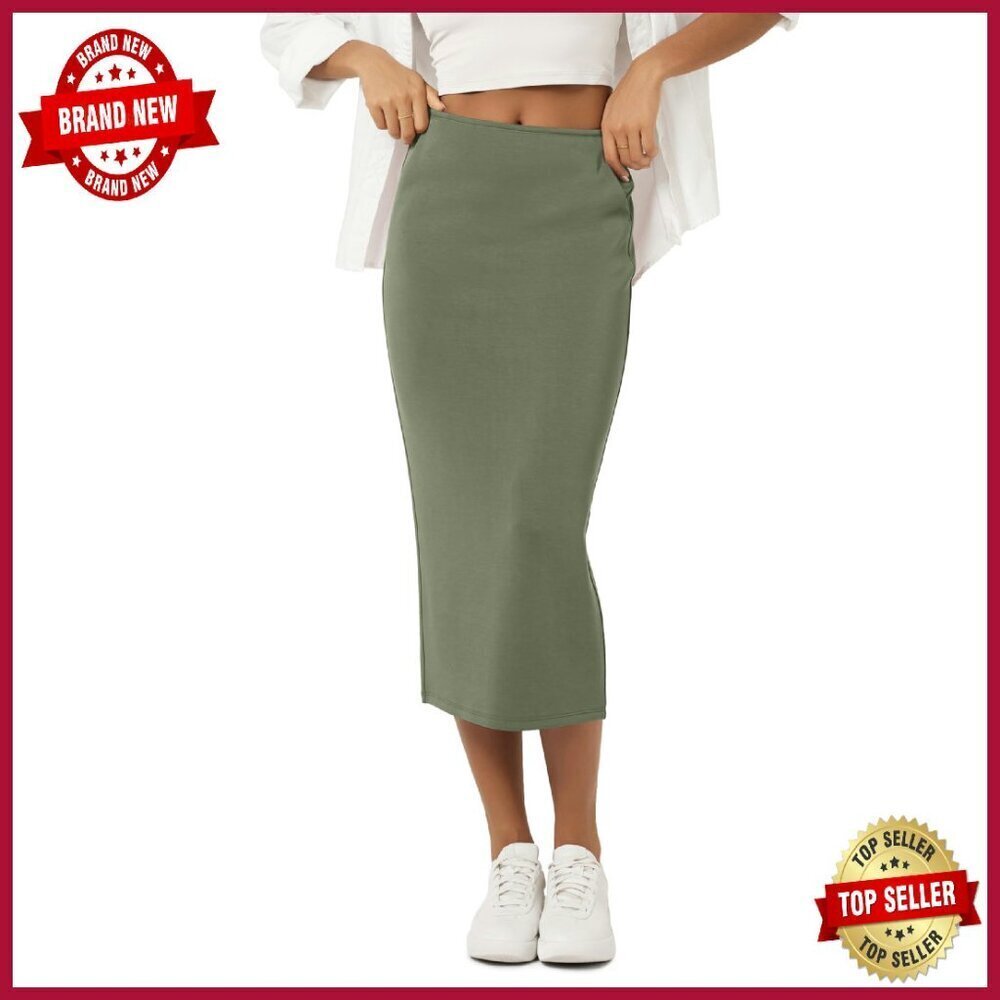 Modal Midi Skirt High Waist Back Slit Pockets Work Casual